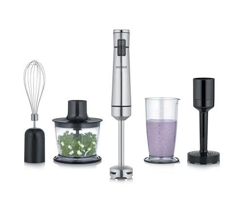 SEVERIN Kabelloser Stabmixer mit Premium-Set, abnehmbarer Mixstab, mit Pürierstab, Multizerkleinerer, Mixbehälter, Kartoffelstampfer & Schneebesen, schwarz/Edelstahl-gebürstet, SM 3775 von SEVERIN