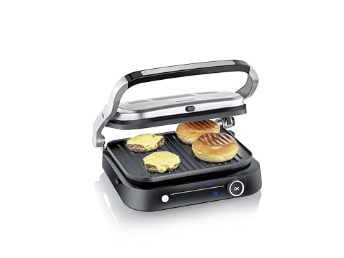 SEVERIN SEVINI PRO Kontaktgrill für Sandwiches, Steak und als Panini Grill, antihaftbeschichteter Sandwich Maker für fettfreies Grillen, mit 7 Automatikprogrammen, 1800 W, schwarz/silber, KG 2395 von SEVERIN