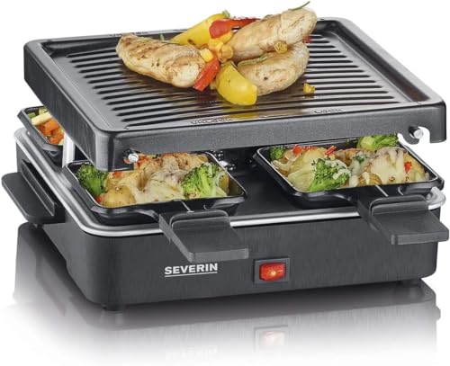 SEVERIN Mini Raclette-Grill, kleines Raclette mit antihaftbeschichteter Grillplatte und 4 Raclette Pfännchen, Tischgrill für bis zu 4 Personen, 600 W Leistung, schwarz, RG 2370 von SEVERIN