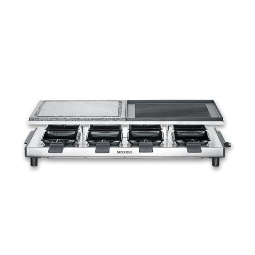 SEVERIN Raclette-Grill mit Naturgrillstein und Grillplatte, Raclette mit antihaftbeschichteter Grillplatte, Tischgrill für 8 Personen, max. 1.700 W, Edelstahl / schwarz, RG 2373 von SEVERIN