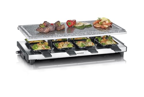 SEVERIN Raclette mit Naturgrillstein, elektrischer Tischgrill, Raclette für 8 Personen mit Grillplatte und 8 Pfännchen, Kunststoff/Edelstahl, schwarz, RG 2374 von SEVERIN