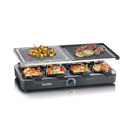 SEVERIN Raclette-Grill mit Naturgrillstein und Grillplatte, Raclette mit antihaftbeschichteter Grillplatte und 8 Pfännchen, Tischgrill für 8 Personen, max. 1300 W, schwarz, RG 2371 von SEVERIN