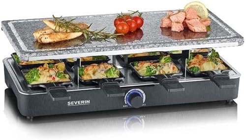 SEVERIN Raclette-Partygrill mit Naturgrillstein, Raclette mit Grillplatte aus Stein und 8 antihaftbeschichteten Pfännchen, Tischgrill für 8 Personen, max. 1300 W, schwarz, RG 2372 von SEVERIN