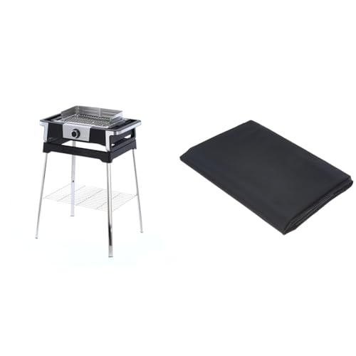 SEVERIN SENOA DigitalBOOST S Elektrogrill mit Untergestell, Standgrill mit schnellem Grillstart bis 500 °C, Edelstahl/Schwarz, PG 8118 & AA237 Schutzhülle für Grill, PEVA, Schwarz, 80 x 47 x 84 cm von SEVERIN