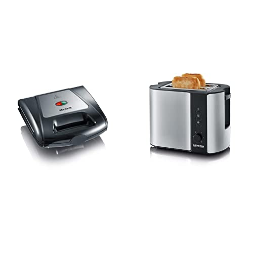 SEVERIN Sandwich-Toaster, 3-in-1 Funktion, 1.000 W, SA 2968, EDS-geb./ schwarz & Automatik-Toaster, Toaster mit Brötchenaufsatz, Auftauen und Erwärmen, 800 W, Edelstahl-gebürstet/schwarz, AT 2589 von SEVERIN