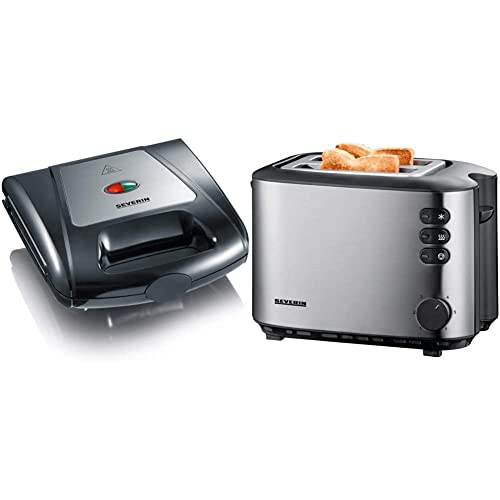 SEVERIN Sandwich-Toaster, 3-in-1 Funktion (Sandwich-, Grill-, Waffelplatte), 1.000 W, SA 2968, EDS-geb./ schwarz & Automatik-Toaster, Inkl. Brötchen-Röstaufsatz, 850 W, AT 2514, Edelstahl/Schwarz von SEVERIN