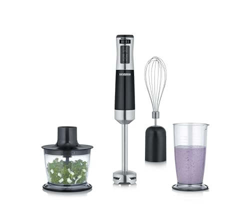 SEVERIN Stabmixer mit Zubehör-Set, Mixstab mit stufenloser Geschwindigkeitseinstellung, mit Pürierstab, Schneebesen, Multizerkleinerer und Mixbehälter, schwarz/Edelstahl-gebürstet, SM 3772 von SEVERIN