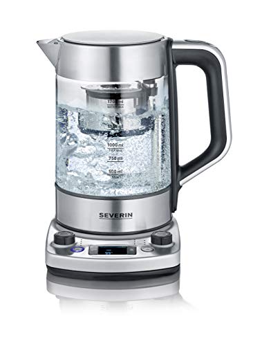 SEVERIN Tea Maker mit Auto-Liftfunktion, Wasserkocher mit Temperatureinstellung und Quick-Boil-Funktion, Glas Wasserkocher für bis zu 1,7 l Wasser oder 1 l Tee, Edelstahl gebürstet/schwarz, WK 3422 von SEVERIN