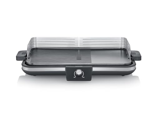 SEVERIN Tischgrill Plancha, antihaftbeschichtete Plancha Grillplatte mit glatter und gerippter Oberfläche Tischgrill für bis zu 8 Personen, 2.300 W Leistung, schwarz, RG 8564 von SEVERIN