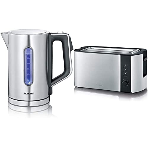 SEVERIN WK 3418 Digitaler Wasserkocher mit Fast-Boil-Power und individueller Temperaturauswahl, 1,7 l XXL-Füllvolumen, 3000 W & Automatik-Toaster, 2 Langschlitzkammern, 1.400 W, Edelstahl/Schwarz von SEVERIN