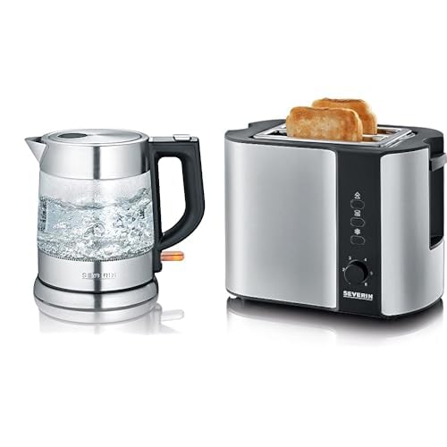 SEVERIN WK 3468 Glas-Wasserkocher (ca. 2.200 W, 1 L) edelstahl/schwarz & Automatik-Toaster, Inkl. Brötchen-Röstaufsatz, 2 Röstkammern, 800 W, AT 2589, Edelstahl/Schwarz von SEVERIN