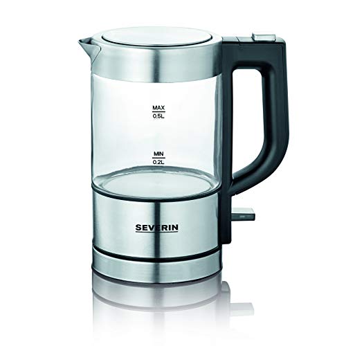 SEVERIN Mini Glas Wasserkocher, leistungsstarker und kompakter Wasserkocher in hochwertigem Design, elektrischer Wasserkocher mit Kalkfilter, edelstahl/schwarz, WK 3472, 0,5 L von SEVERIN