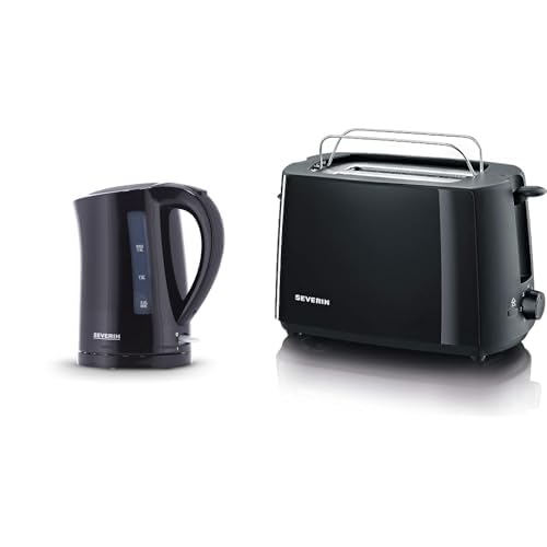 SEVERIN Wasserkocher, 1,5 L, ca. 2.200 W, WK 3498, Schwarz & 2287-000 Automatik-Toaster, Inkl. Brötchen-Röstaufsatz, 2 Röstkammern, 700 W, AT 2287, Schwarz, Kunststoff von SEVERIN