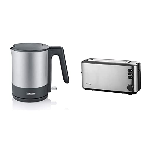 SEVERIN Wasserkocher, edelstahl/schwarz, WK 3409 & Automatik-Langschlitztoaster, Automatik-Toaster mit Brötchenaufsatz, Auftauen und Erwärmen, 1.000 W, Edelstahl-gebürstet/schwarz, AT 2515 von SEVERIN