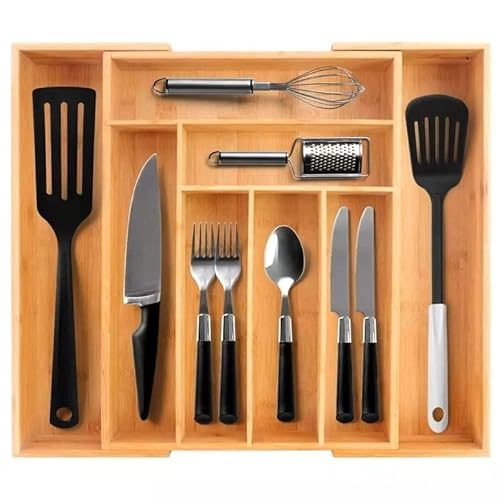 SEVERNO Besteckkasten für Schubladen, Praktischer Küchen Organizer, Aus Bambusholz, Mit 6-8 Fächern, Ausziehbar 33,5-50 x 55 x 5 cm, Robuste und feuchtigkeitsresistente Konstruktion von SEVERNO