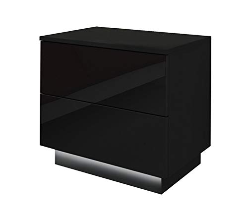 SEVICO Nachttisch mit LED-Beleuchtung, Nachtkommode, Beistelltisch, Hochglanz Nachtschrank 55 x 37 x 49 cm Schwarz Nachtschrank für Schlafzimmer 2 Schubladen Push to Open von SEVICO