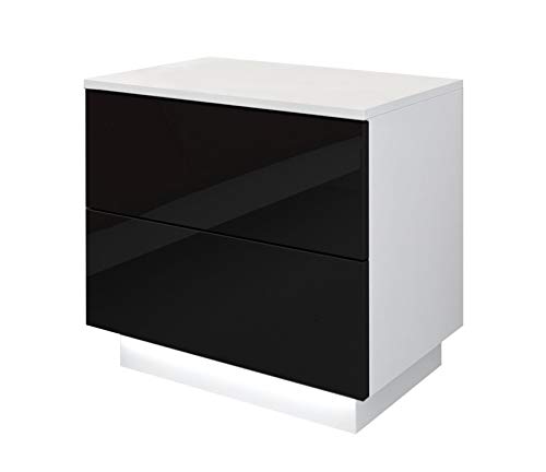 SEVICO Nachttisch mit LED-Beleuchtung, Nachtkommode, Beistelltisch, Hochglanz Nachtschrank 55 x 37 x 49 cm Weiß-Schwarz Nachtschrank für Schlafzimmer 2 Schubladen Push to Open von SEVICO