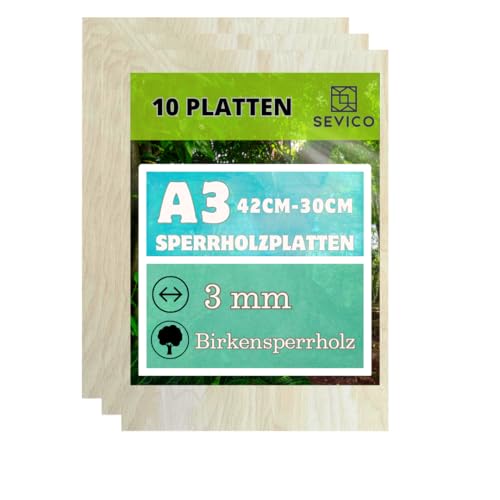 Sperrholzplatten 3-6mm | Multiplex Zuschnitte A3 (42x30cm), A4 (30x21cm) & 60x40cm | Ideal für Modellbau, Laserschnitt, Basteln | Hochwertige Birkenholz Qualität SEVICO von SEVICO