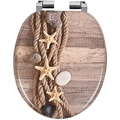 WC Sitz Doppelte Absenkautomatik Toilettendeckel mit Absenkautomatik Toilettensitz passend für alle handelsüblichen WC-Becken einfache Montage Universal maritime Motiv Strand F177 von SEVICO