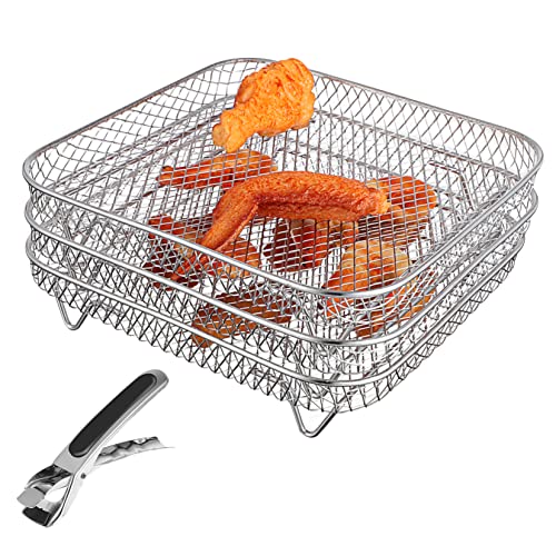 SEWACC 3 Stück Teiliges Stapelbare Airfryer Racks für Dehydrator mit Zange Hochtemperaturbeständig Lebensmittelecht für Getrocknete Früchte und Einfach zu Reinigen von SEWACC