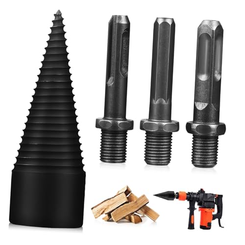 SEWACC 4 Stück Holzspalter Bohrer Stahl Kegelspalter mit Verbindungsstangen Kompatibel mit Elektrowerkzeugen Kompakt Tragbar Einfache Montage für Brennholzspalten von SEWACC