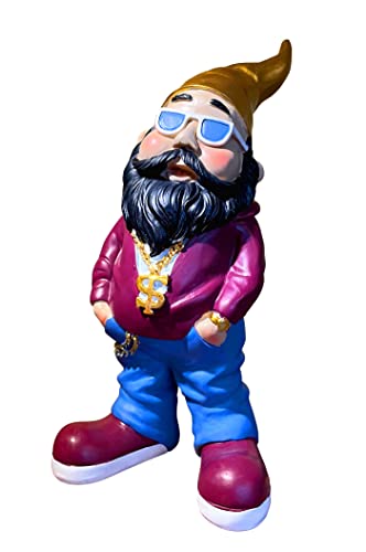 SEWAS Gartenzwerg Rocker Goldkette Golduhr Goldmütze und schwarzem Bart, handbemalt und wetterfest aus hochwertigem Kunstharz, Hiphop Rap Figur von SEWAS