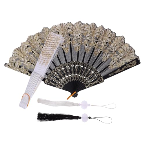 SEWOART 2 Stück Faltbarer Handfächer mit Bestickter Spitze und Vintage Quasten Kleiner Handgehaltener Sommerfächer für Damen Vielseitig als Party Tanz und Fotorequisit Geeignet von SEWOART