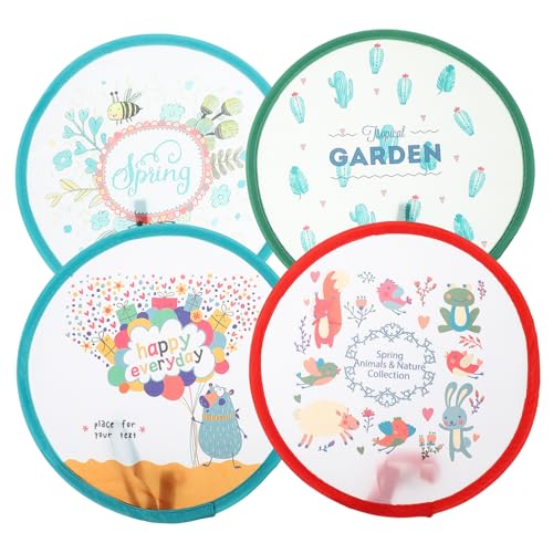 SEWOART 4 Stück Faltbarer Runder Handfächer im Cartoon Stil Teiliges Tragbarer Handfächer aus Polyester Dekorative Fächer für Partys und Hochzeiten Ballon Kaktus und Biene Designs von SEWOART
