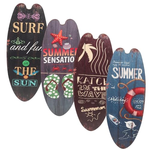SEWOART 4stücke Surfbrett Wanddeko Holzschild Sommer Strandmotiv Surfboard Dekoration Für Zuhause Und Bar Kreative Wandkunst Für Strandliebhaber Holz von SEWOART