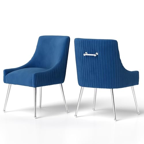 Esszimmerstühle, moderner Stil, Samt, gepolstert, Akzent-Schminkstuhl mit vertikaler Stange, getufteter Stuhl, 2er-Set mit silbernen Beinen für Küche/Wohnzimmer/Esszimmer/Schlafzimmer (Marineblau) von SEYNAR