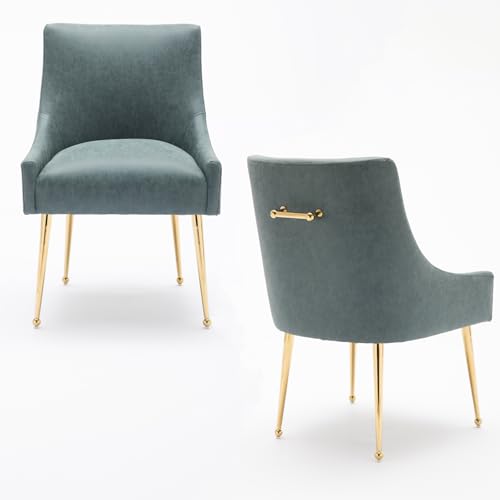 Esszimmerstuhl 2 Stück Küchenstuhl Polsterstuhl Wohnzimmerstuhl Sessel mit Metallgriff,Sitzfläche aus Leder, Metallbeine für Esszimmer, Wohnzimmer, Schlafzimmer (Blau) von SEYNAR