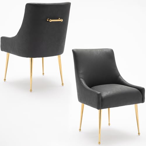 Esszimmerstuhl 2 Stück Küchenstuhl Polsterstuhl Wohnzimmerstuhl Sessel mit Metallgriff,Sitzfläche aus Leder, Metallbeine für Esszimmer, Wohnzimmer, Schlafzimmer (Schwarz) von SEYNAR