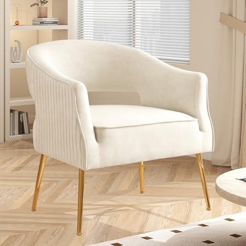SEYNAR Moderner Samt-Accent-Sessel, bezogener Barrel-Armstuhl, gestreifter Bucket-Seitenarmstuhl, Ecken-Einzelsofa für Wohnzimmer, Schlafzimmer, Vanity, Büro, Lesesaal(Beige) von SEYNAR