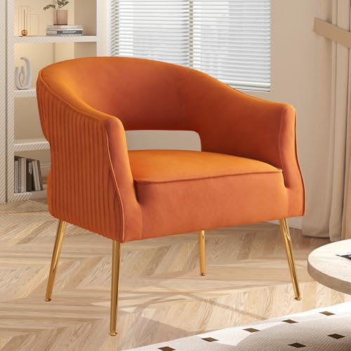 SEYNAR Moderner Samt-Akzentstuhl, gepolsterter Fasssessel, gestreifter Eimer-Seitensessel, Ecksofa für Wohnzimmer, Schlafzimmer, Schminktisch, Büro, Leseraum (Orange) von SEYNAR