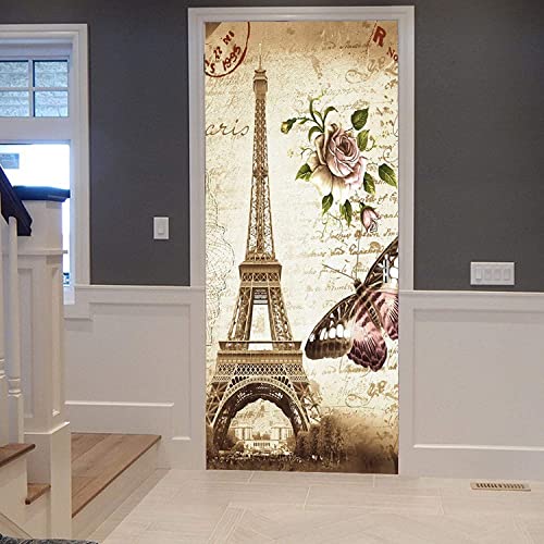 Diy 3D Tür Aufkleber Eiffelturm-Schmetterlings-Rose Selbstklebender Türaufkleber Art Removable Door Sticker Mädchen Schlafzimmer Haus Dekoration Wohnzimmer 90 X 200 Cm Aufkleber Für Innentüren von SEYUMI