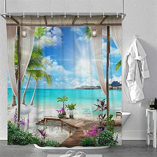 Duschvorhang 180x200 Sonniger Strand Duschvorhang Palme Badezimmer Vorhang Antischimmel Wasserdicht 3D Effekt Duschvorhänge für Badewannen Textil Polyester Stoff mit Haken von SEYUMI