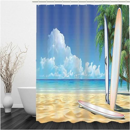 Duschvorhang 180x200 Surfen Duschvorhang Ozean-nautischer Jahrgang Badezimmer Vorhang Antischimmel Wasserdicht 3D Effekt Duschvorhänge für Badewannen Textil Polyester Stoff mit Haken von SEYUMI