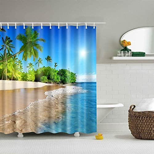 Duschvorhang 240x200 Sonniger Strand Duschvorhang Landschaft Badezimmer Vorhang Antischimmel Wasserdicht 3D Effekt Duschvorhänge Textil Polyester Stoff für Badewannen mit Haken von SEYUMI