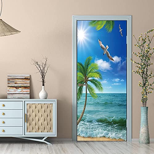 Palmen Am Meer 90 X 200 Cm 3D Tür Wandbild Aufkleber Für Schlafzimmer Wohnzimmer Kinder Selbstklebende Türaufkleber Pvc Wasserdichte Abnehmbare Tür Tapete Art Home Dekoration von SEYUMI