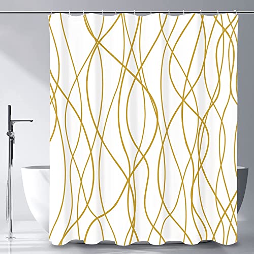 SEYUMI Duschvorhang 180x200 Abstrakte Streifen Duschvorhang Weißes Gold Badezimmer Vorhang Antischimmel Wasserdicht 3D Effekt Duschvorhänge Textil Polyester Stoff für Badewannen mit Haken von SEYUMI