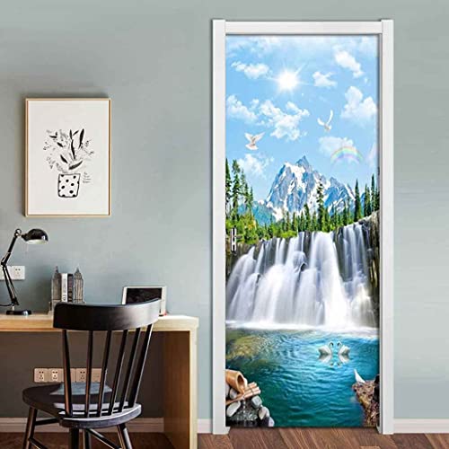 Türtapete Selbstklebend Türposter 3D Bewirken Fototapete Türfolie Poster Tapete Abnehmbar Wandtapete Für Wohnzimmer Küche Schlafzimmer 80 X 200 Cm Wasserfalllandschaft Des Blauen Himmels von SEYUMI