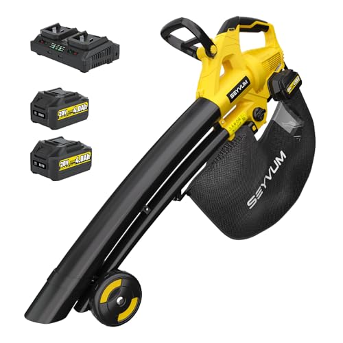 SEYVUM Laubsauger akku,40V Laubbläser mit 2×4.0Ah Akkus und Ladegerät,3-in-1 Saug-Blas-Häckselfunktion,Blasgeschwindigkeit 110km/h,6-Gang Kabellos Laubgebläse, Fangsack 45L für Garten von SEYVUM