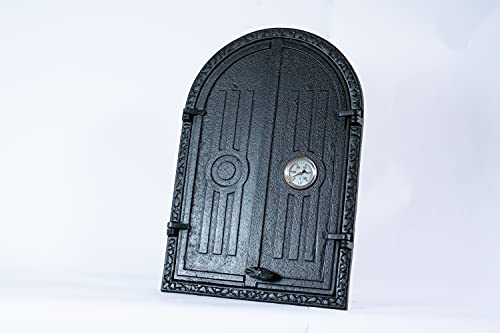 SEZAM doppelte Räucherofentür aus Gusseisen mit Thermometer 500 °C, mit Türriegel, halbrund, Tür für Smoker - Ofentür - Steinofentür, 39,5 x 3,5 x 58,5 cm, schwarz bemalt von SEZAM