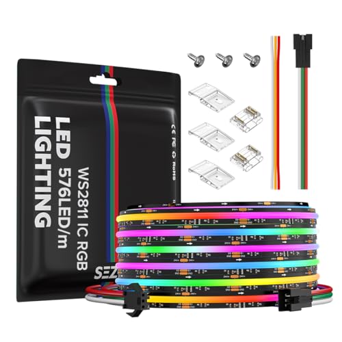 SEZO 24V FCOB COB WS2811 IC RGB LED Streifen Strip Lichtleiste 5M 2880LEDs Hohe Dichte Licht Pixel Traumfarbe LED Band, Breite 10mm IP30 Nicht Wasserdicht PCB Schwarz für Home Party DIY von SEZO