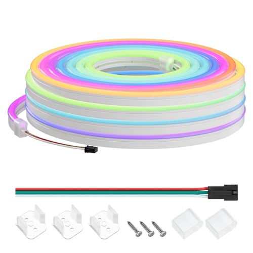 SEZO Neon RGB mit WS2811 IC LED Strip 5M 108LEDs/M, Flexible Neon LED Streifen DC24V IP67 Wasserdicht LED Lichtband mit Connectors, Dimmbar Neon Led Leiste für Wohnzimmer, Schlafzimmer, Wand Deko von SEZO