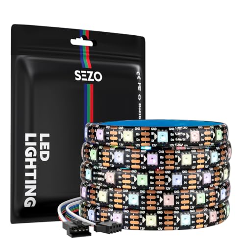 SEZO WS2815 LED Streifen RGB IC (Aufgerüstetes WS2812B) DC12V 5M 60LEDs/m Dimmbar Traumfarbe Individuell Adressierbar led strip 5050SMD Dual Signal LED Lichtleiste IP65 Wasserdicht Schwarz für DIY von SEZO