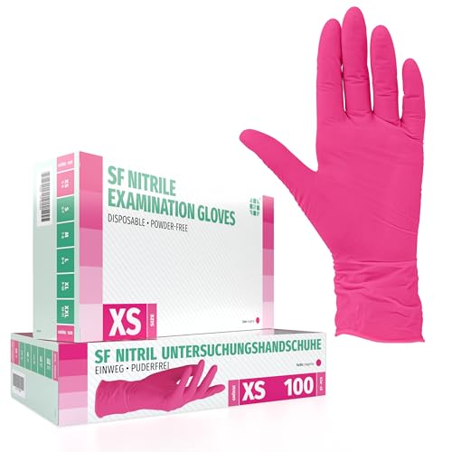 SF Nitril Einweghandschuhe XS Magenta, 100 Stück/Box, Nitrilhandschuhe, dehnbare Einmalhandschuhe aus Nitril, puderfrei, latexfrei, Rissfest, Gummihandschuhe von SF Medical Products GmbH