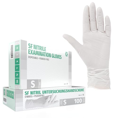 SF Nitrilhandschuhe S Weiß – 100 Stück Einweghandschuhe, Einmalhandschuhe, Medizinische handschuhe, Puderfrei, Latexfrei, Handschuhe einweg zum Kochen, Putzen, für Medizin, Küche, Kosmetik, Haushalt SF Nitrilhandschuhe S Weiß – 100 Stück Einweghandschuhe, Einmalhandschuhe, Medizinische handschuhe, Puderfrei, Latexfrei, Handschuhe einweg zum Kochen, Putzen, für Medizin, Küche, Kosmetik, Haushalt von SF Medical Products GmbH