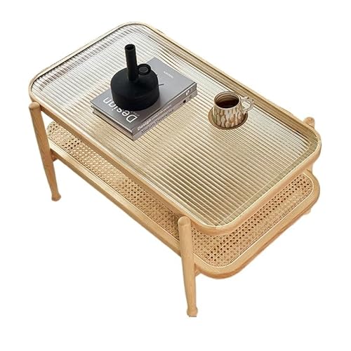 Mitteltisch, modern, Couchtisch aus Holz und Rattan, zweilagig, modern und einfach, für Zuhause, Wohnzimmer, kleiner Teetisch aus Glas, Beistelltisch (B) von SFANIIX