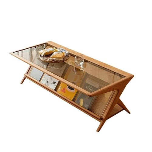 Moderner Mitteltisch Nordic Rattan Holz Teetisch kann Bücher enthalten Doppelschicht rechteckigen Couchtisch Glas Desktop kleiner Couchtisch Kaffee Beistelltisch (120CM*55CM*40CM) von SFANIIX